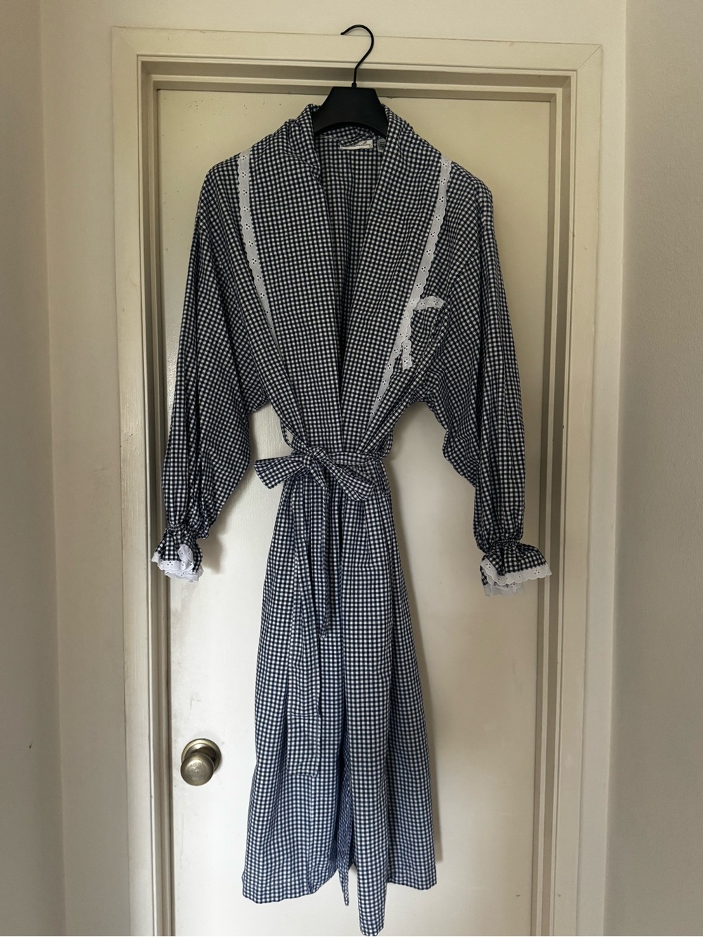 delicates Navy Blue & White Gingham Robe with Lace Trim